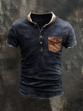 Men's T-shirt with Henry collar and contrasting seams in washed cotton