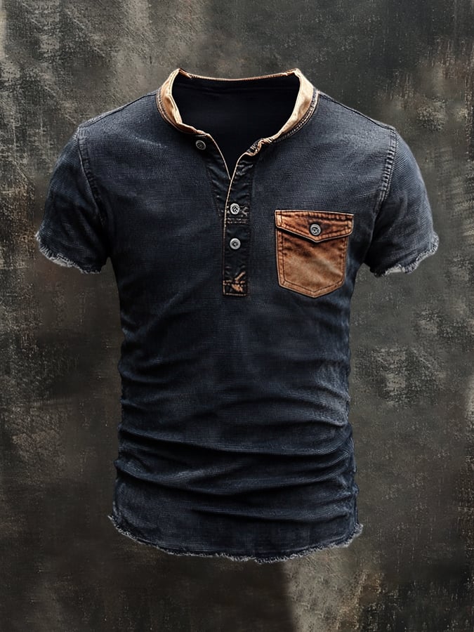 Men's T-shirt with Henry collar and contrasting seams in washed cotton