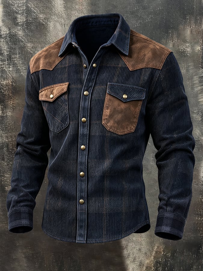 Men'S Vintage Western-Style Long-Sleeve Shirt With Corduroy, Plaid, And Suede Paneling
