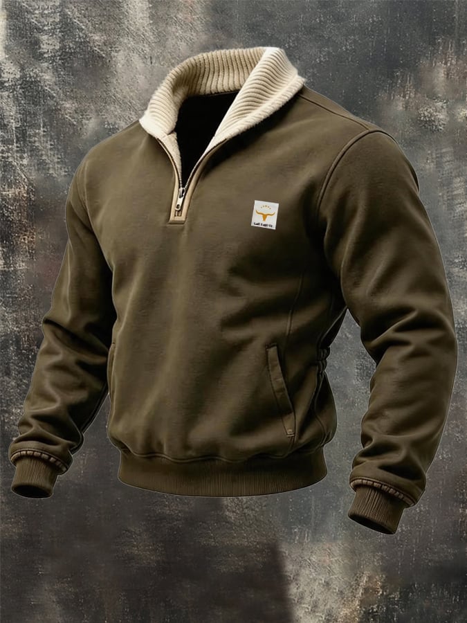 Men's Retro Color-Block Warm Zip-Up Stand-Collar Sweatshirt