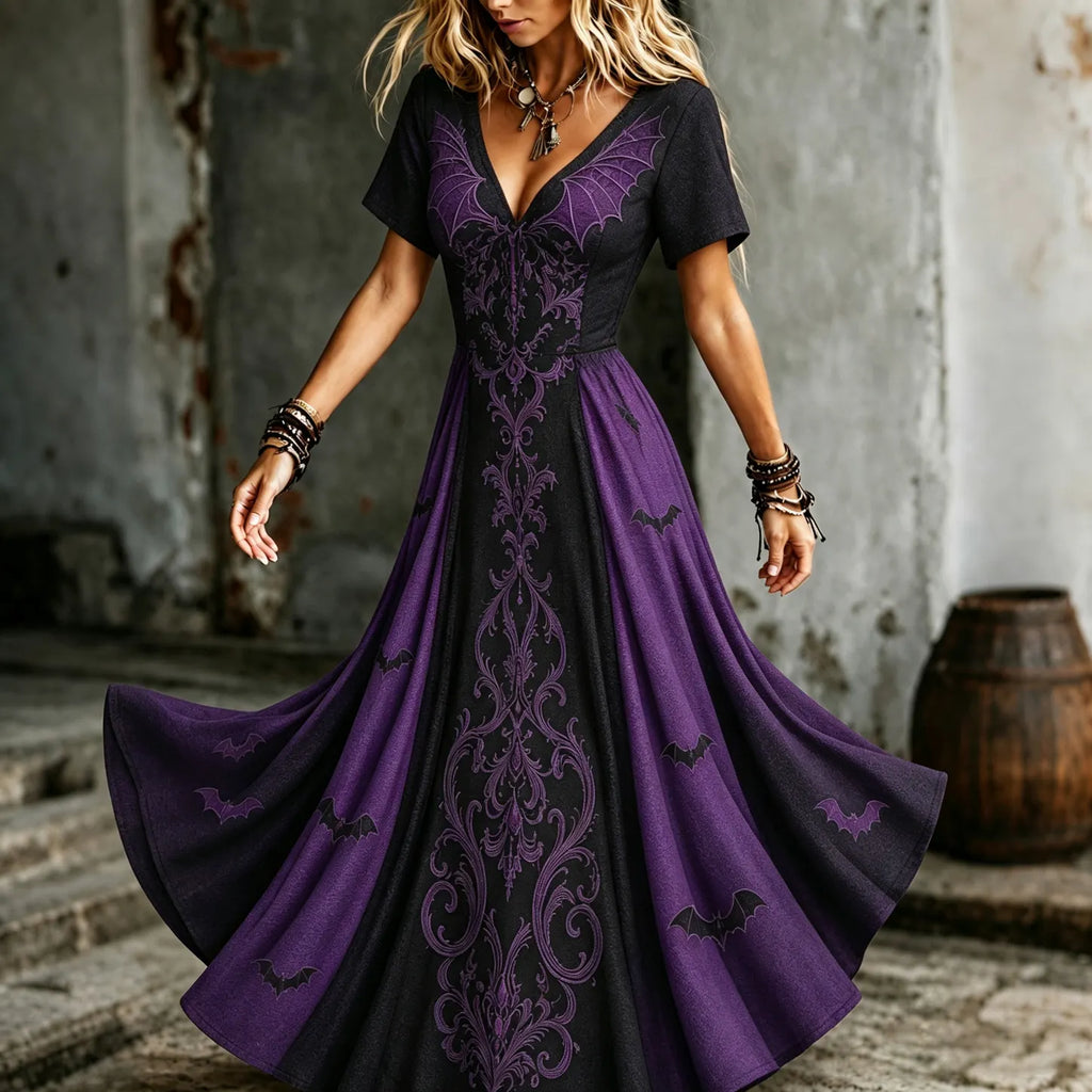 Women's Vintage Halloween Bat Pattern V-neck Short Sleeve Maxi Dress