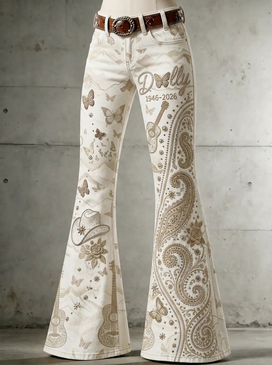 Women's Dolly Parton Butterfly Guitar Paisley Printed Flare Pants