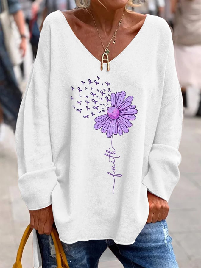 Women's Purple Alzheimer's Awareness Sunflower Faith V-Neck Top