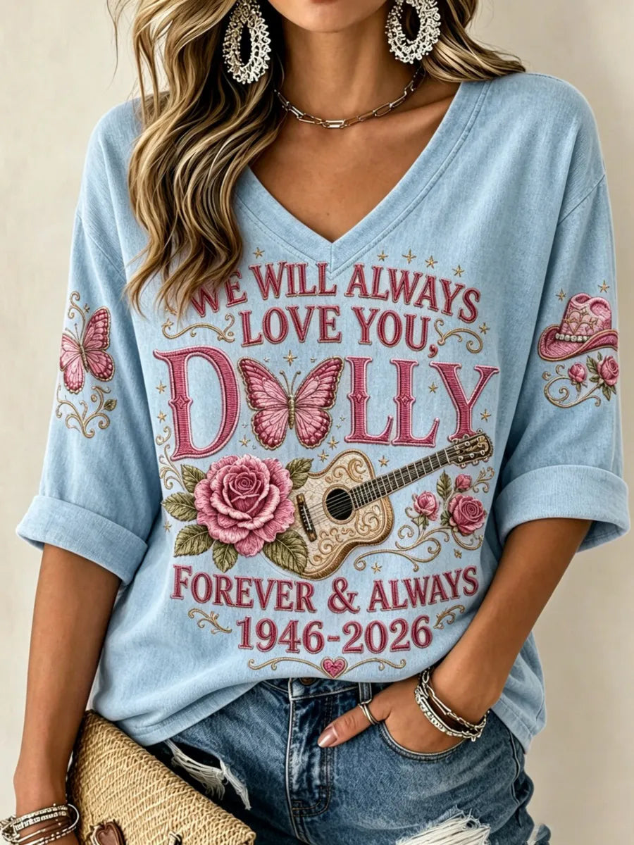 Women'S Commemorative Printed Waffle V-Neck Top
