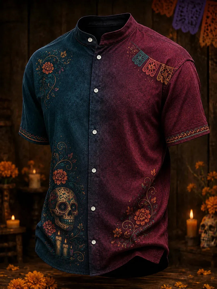Men's Day Of The Dead Print Stand Collar Short Sleeve Shirt