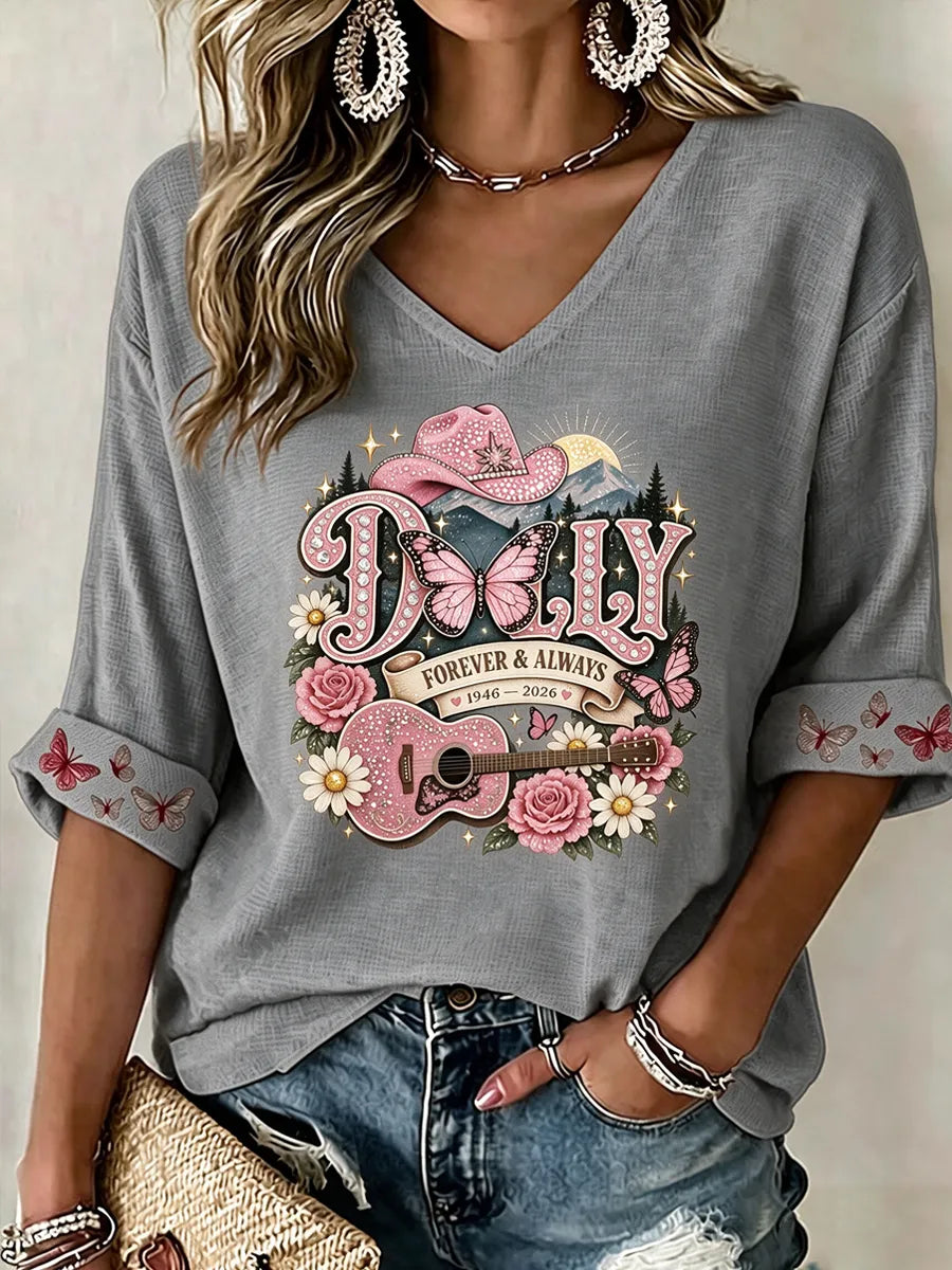 Women's commemorative pattern Waffle V-neck top
