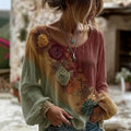The Sunset Collection Women's Classic Bohemian Floral And Rose Gradient Print Linen Blend Round Neck Long Sleeve Tops