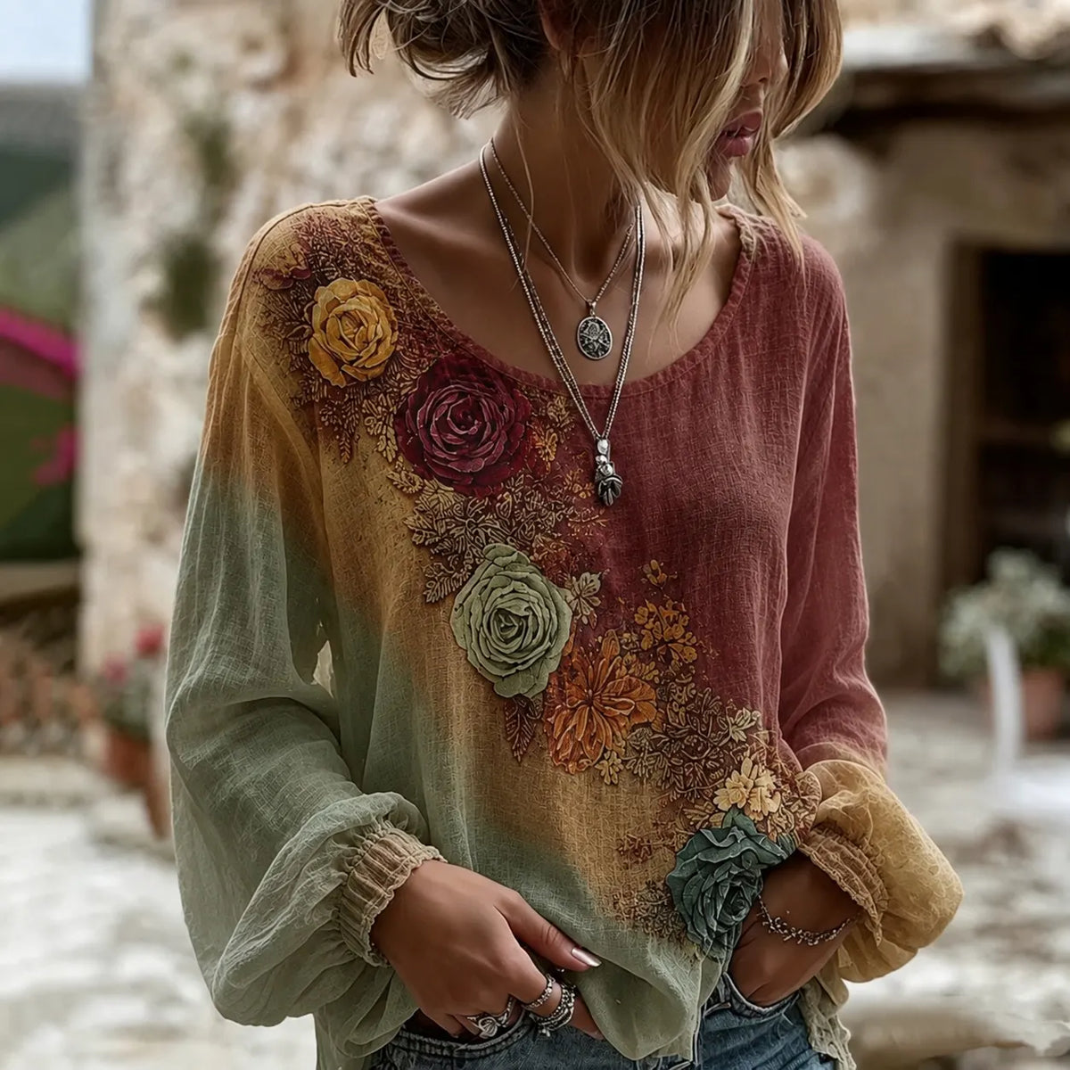 The Sunset Collection Women's Classic Bohemian Floral And Rose Gradient Print Linen Blend Round Neck Long Sleeve Tops