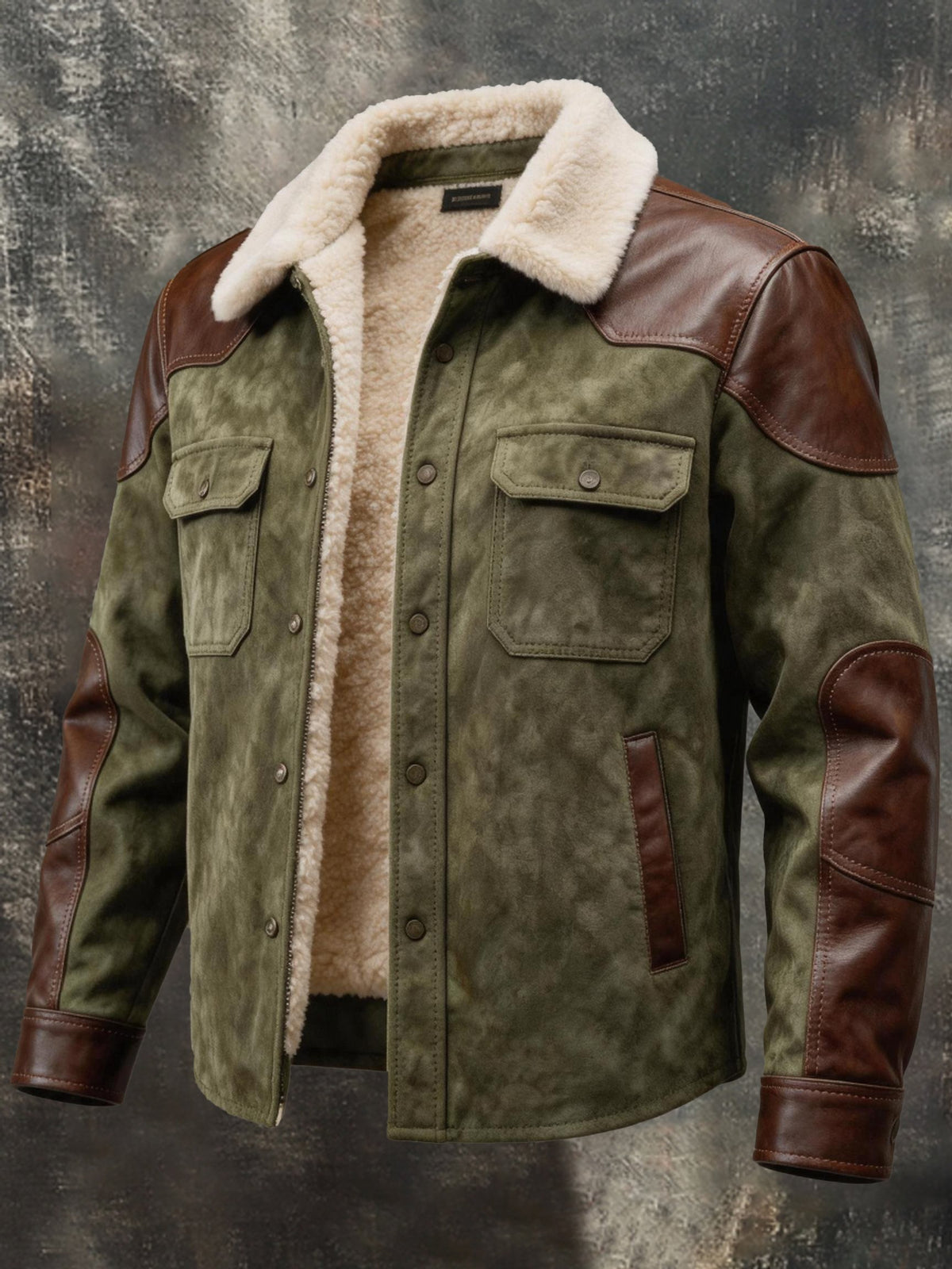 Men’s Vintage-Style Leather-Paneled Fleece-Lined Multi-Pocket Jacket
