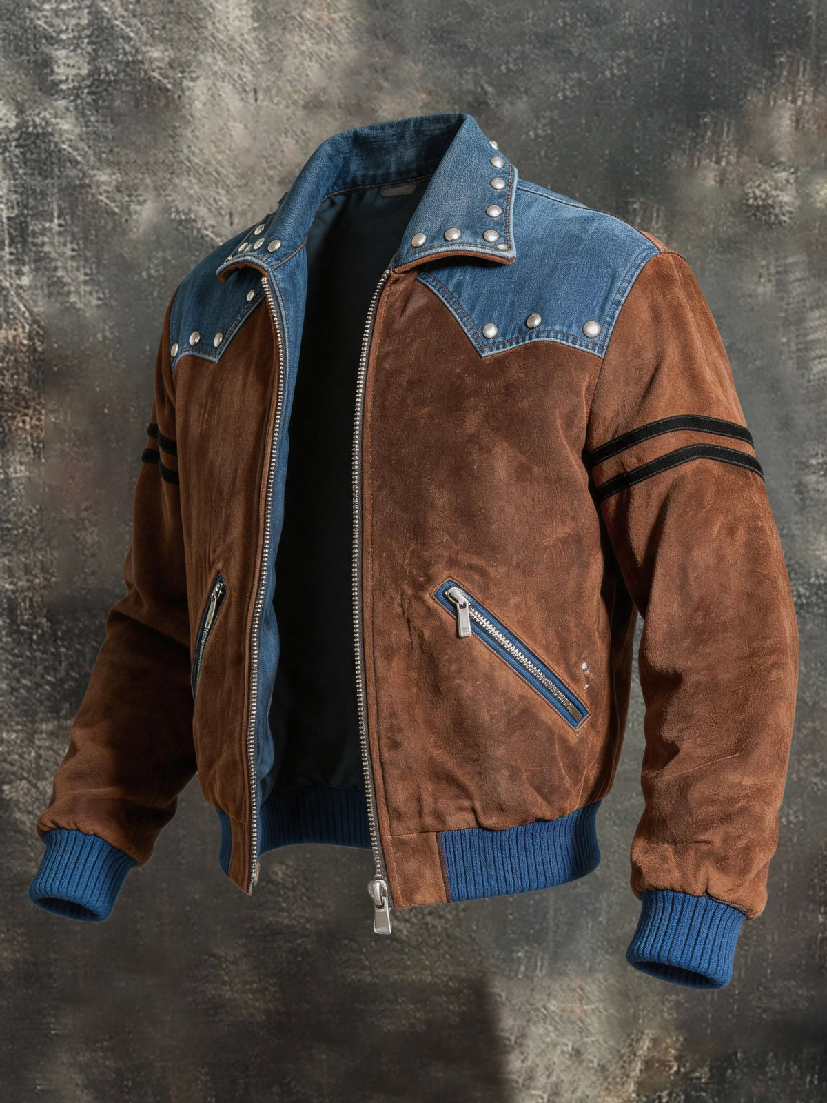 Men's Vintage Denim-Panel Zip-Up Jacket with Lapel Collar