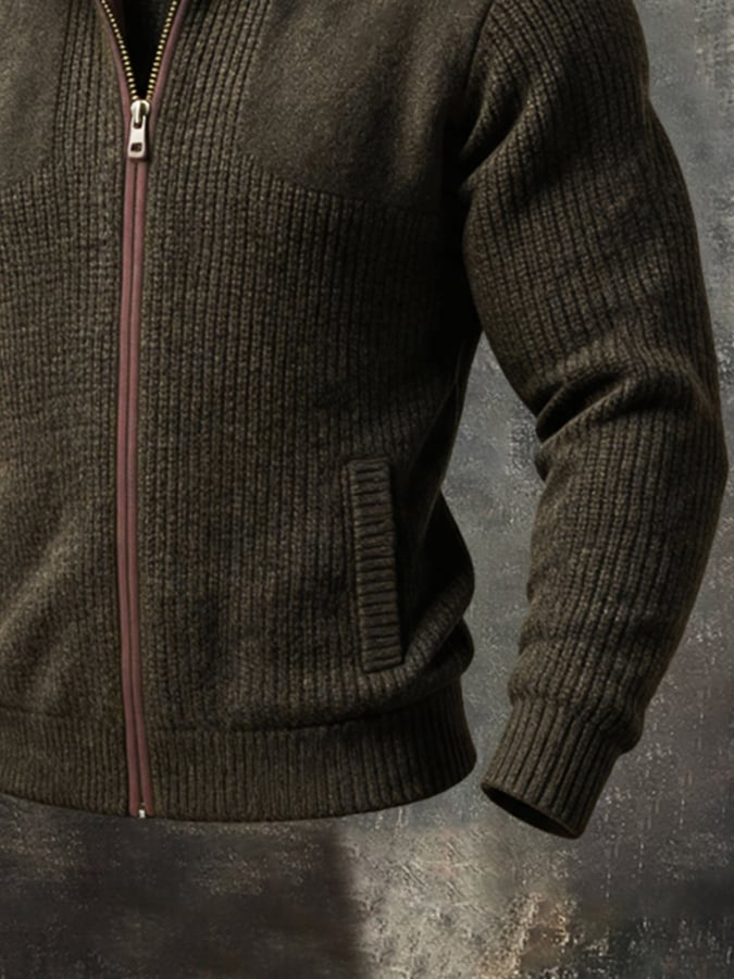 Men's Retro Color-Block Zip-Up Knit Jacket