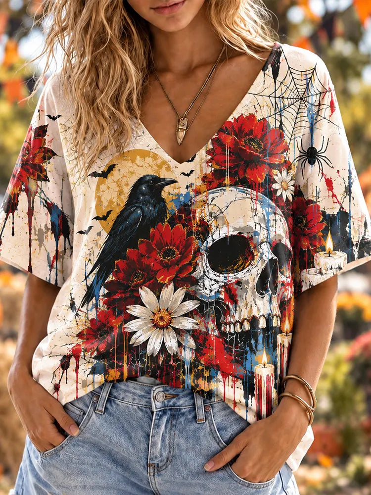 Women's Halloween Raven, Skull, Spiderweb And Red Floral V-neck Short Sleeve T-shirt