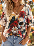Women's Halloween Raven, Skull, Spiderweb And Red Floral V-neck Short Sleeve T-shirt