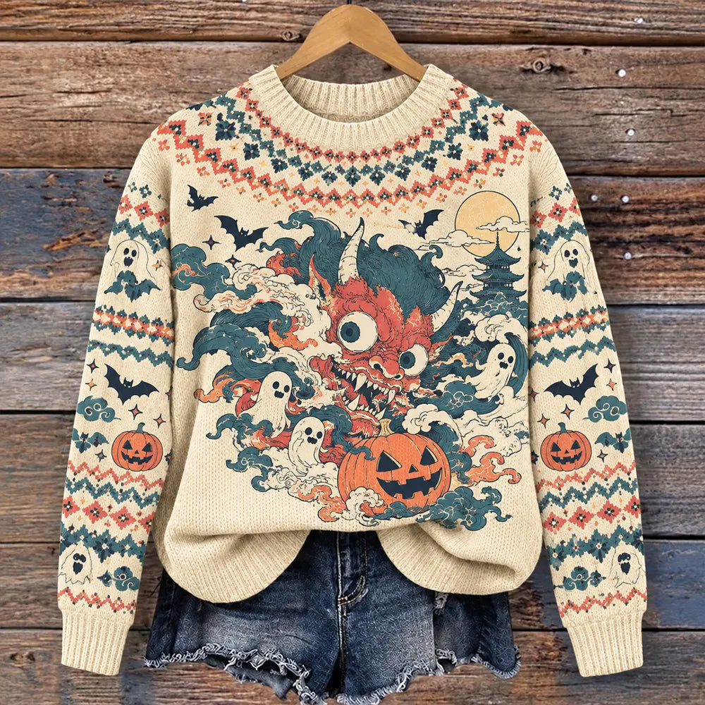 Women's Japanese Ukiyo-e Oni Demon Pumpkin Ghost Knitted Sweater