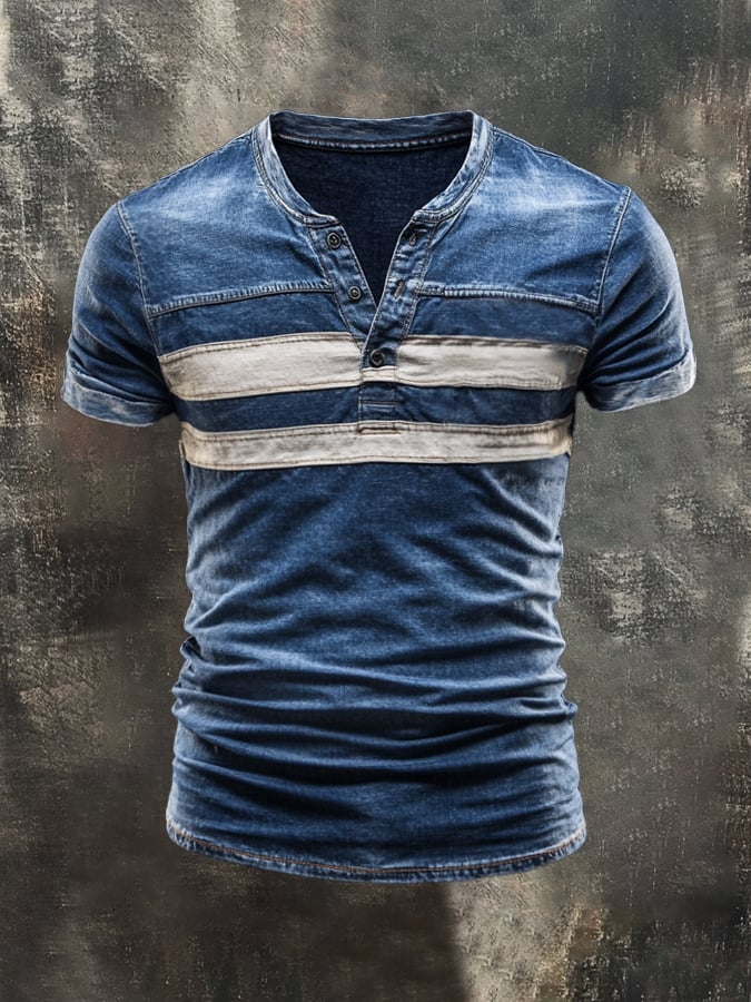 Men's casual retro color-block Henley T-shirt