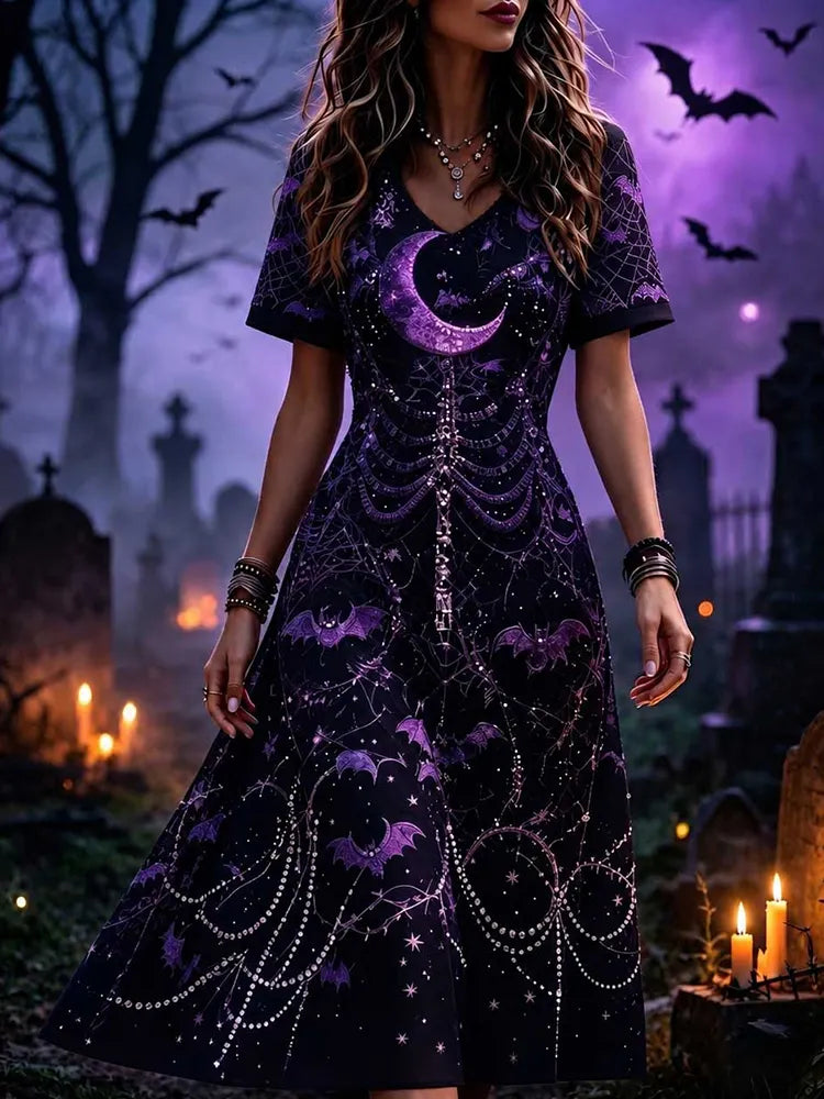Women's Gothic V-neck Short Sleeve A-line Dress With Purple Moon And Bat Print