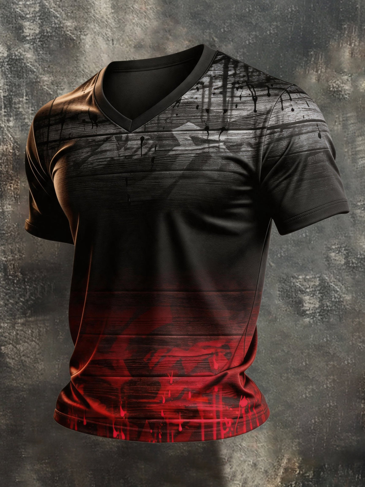 Men's Vintage-Style Distressed Color-Block Print V-Neck Short-Sleeve Top