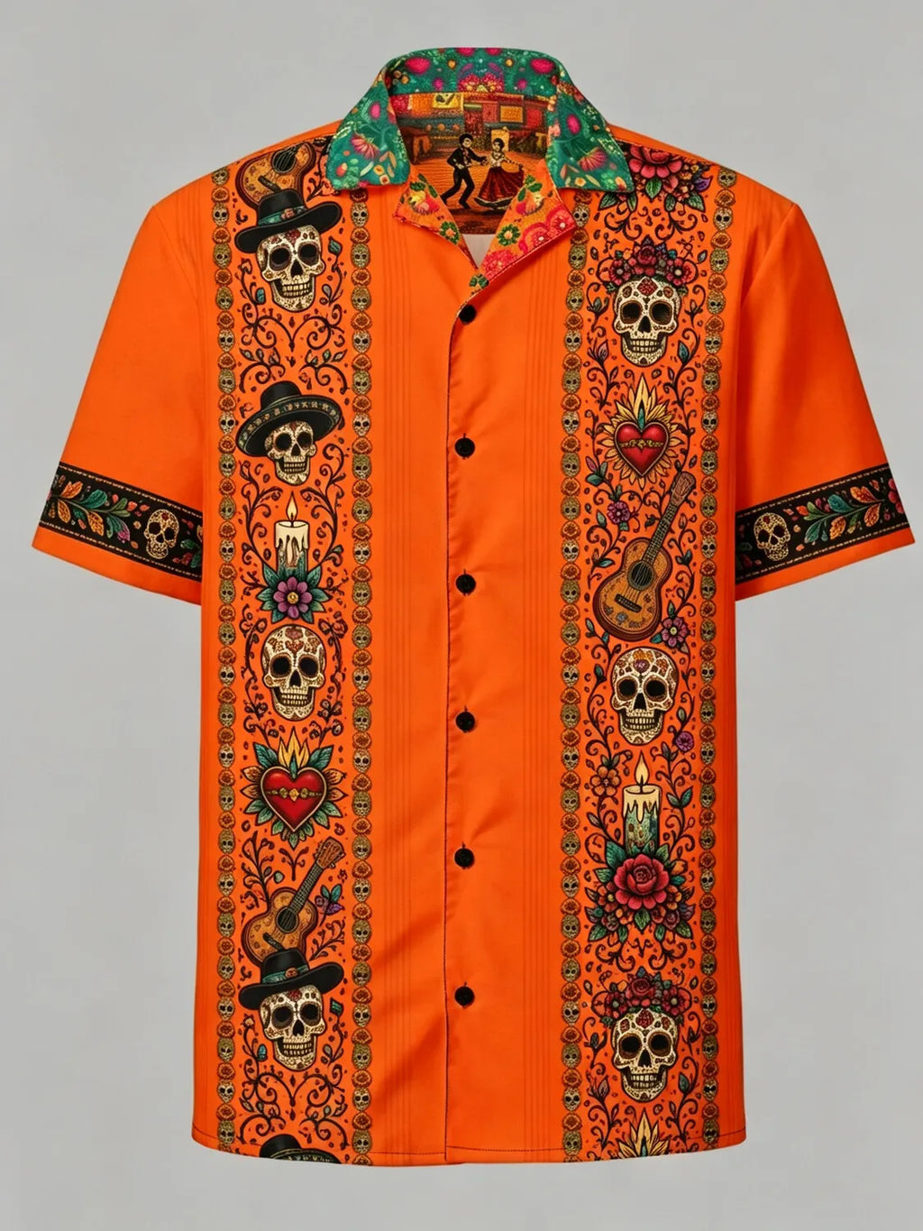 Men's Day Of The Dead Skeleton Dancer Vine Bloom Print Cuban Collar Short Sleeve Shirt