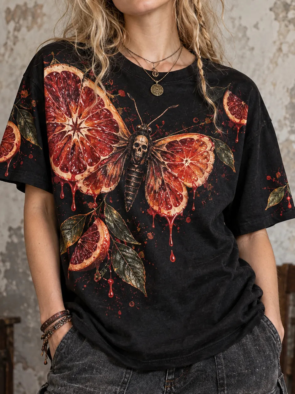 Women's Gothic Blood Orange Death Moth Graphic Casual T-shirt
