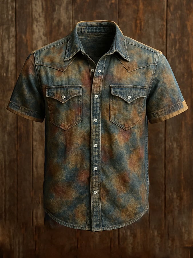 Men's vintage twill shirt with two pockets and short sleeves in a used look