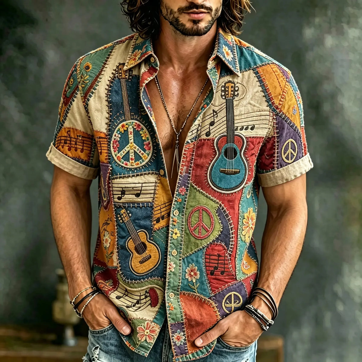 Men's Boho Guitar Peace Floral Patchwork Hippie Print Short Sleeve Buttons Shirt