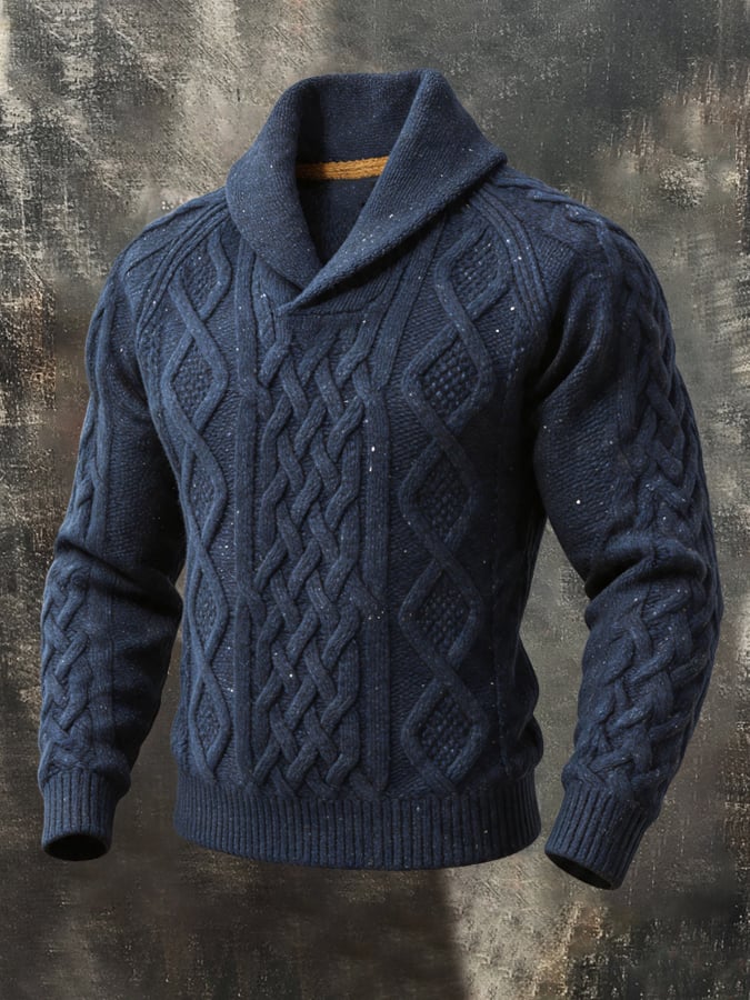 Men's Vintage Chunky Wool Shawl-Collar Long-Sleeve Knit Sweater