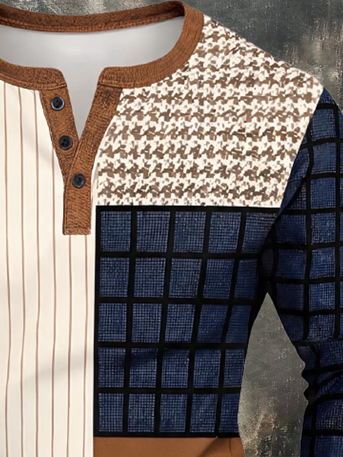 Men's Vintage Color-Block Long-Sleeve Henley T-Shirt