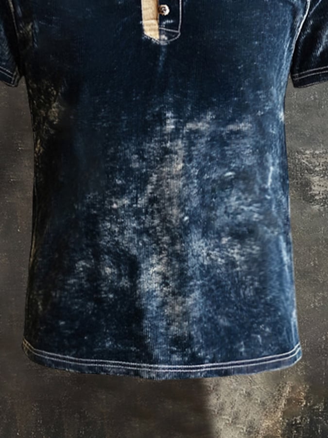 Men's Vintage Distressed Colorblock Casual Henley Short Sleeve T-Shirt