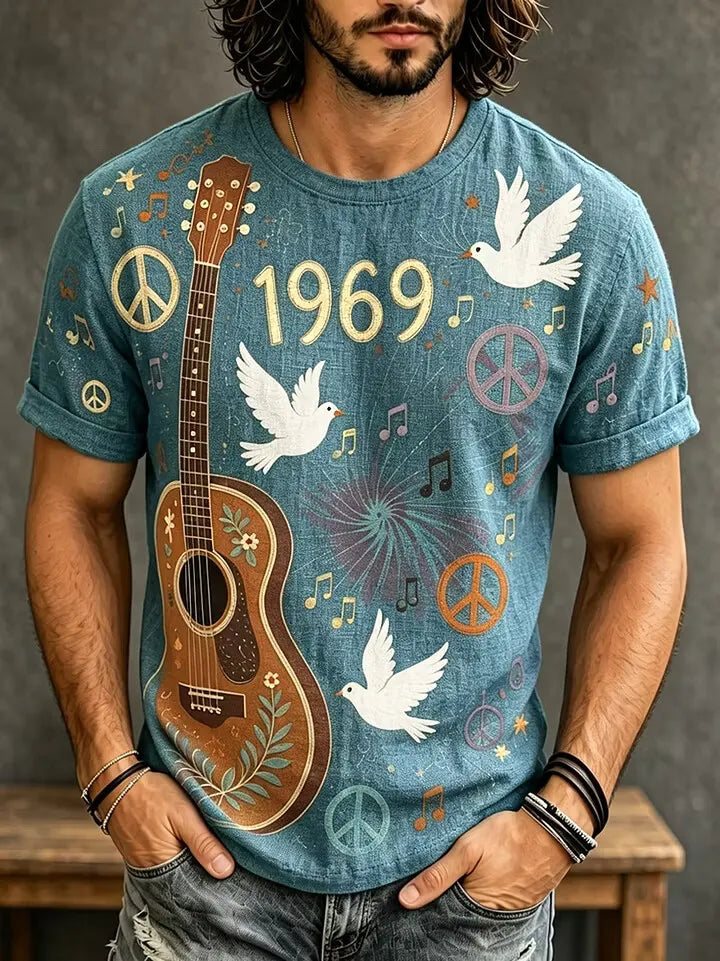 Men's Three White Doves In Mid‐flight Decorated Acoustic Guitar With Foliage Print Crew Neck T-shirt