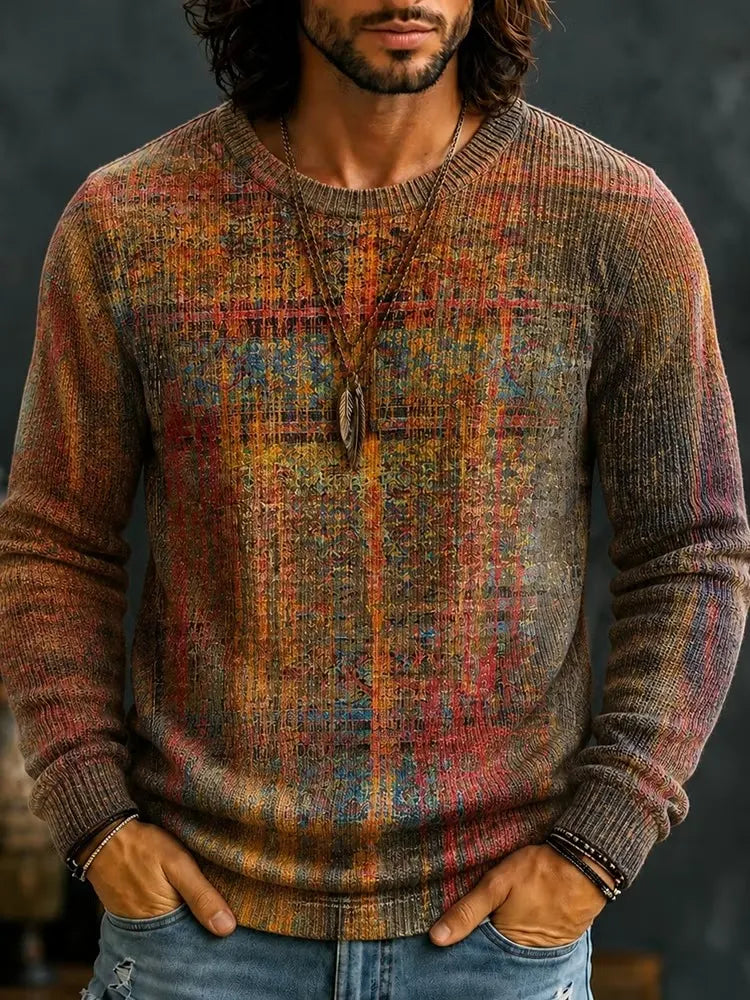 Men's Multicolored Abstract Plaid Overlapping Floral Hints Print Round Neck Sweater
