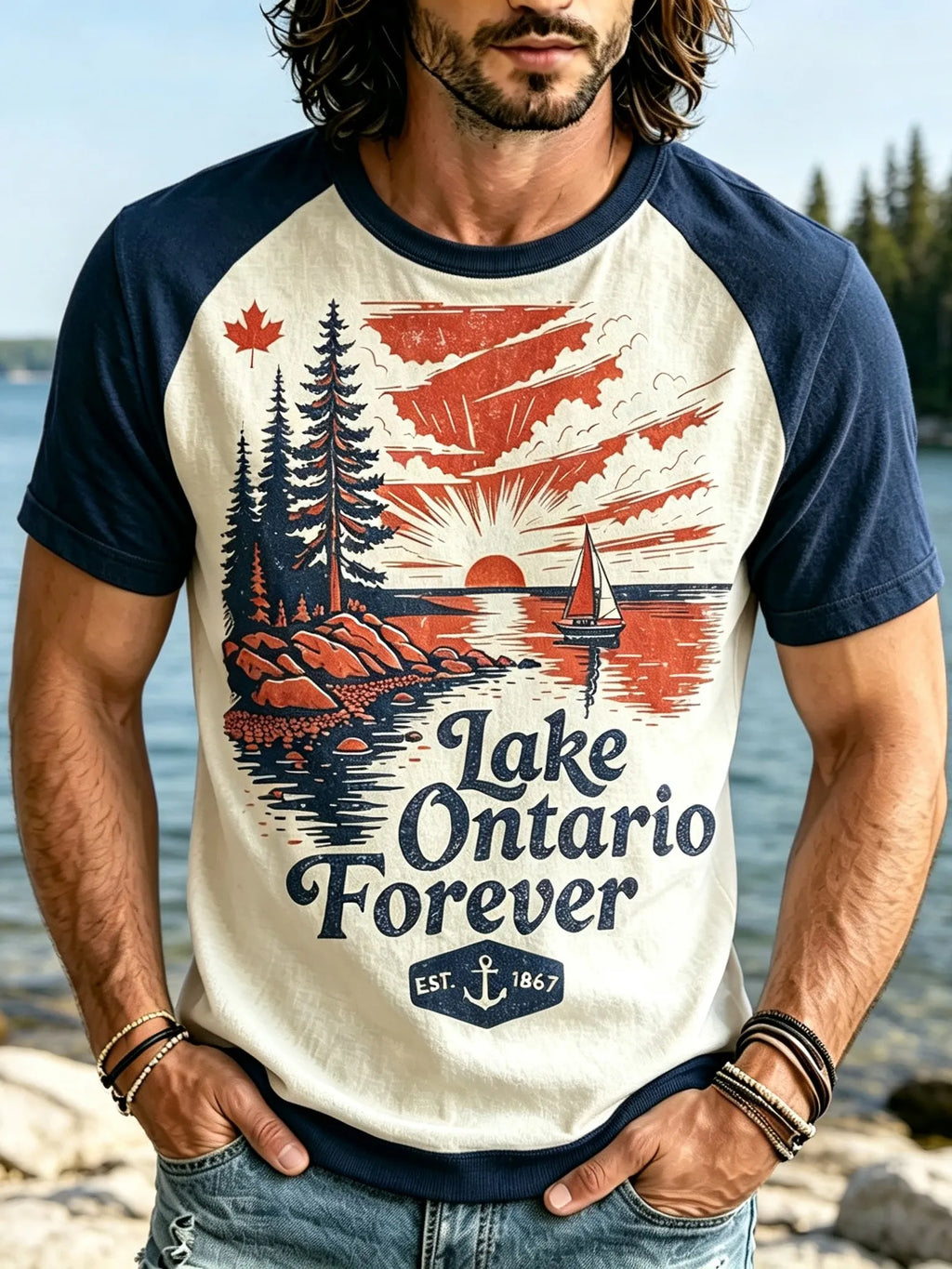 Men's Retro Lake Ontario Print Color Block T-shirt