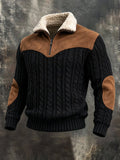 Men'S Retro Cable-Knit Sweater With Suede Paneling And Fur Collar