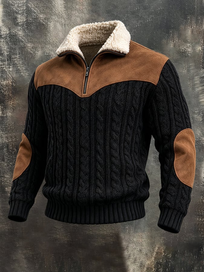 Men'S Retro Cable-Knit Sweater With Suede Paneling And Fur Collar