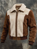 Men’s Vintage-Style Leather-Paneled Shearling Jacket with Contrasting Lapel