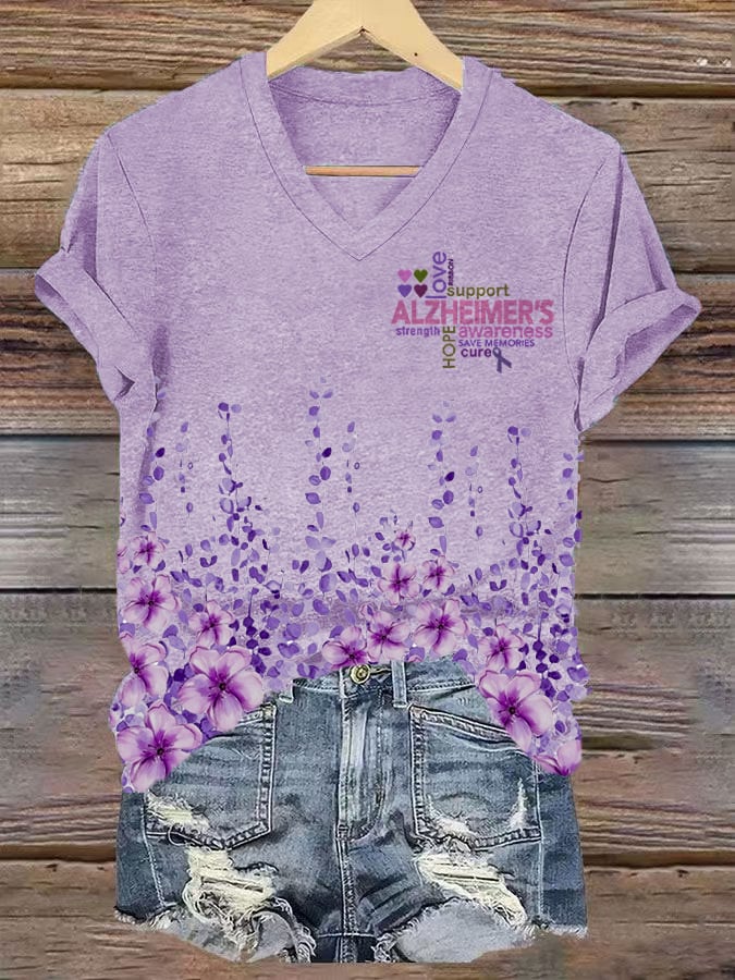 Women's Alzheimer's Disease Awareness Floral Print V-Neck T-Shirt