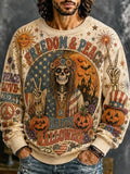 Men's Peace‐sign Skeleton Jack‐o'‐lantern Florals Print Crew Neck Sweatshirt