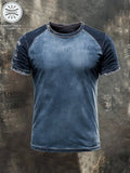 Men's casual short-sleeved retro washed colorblock t-shirt