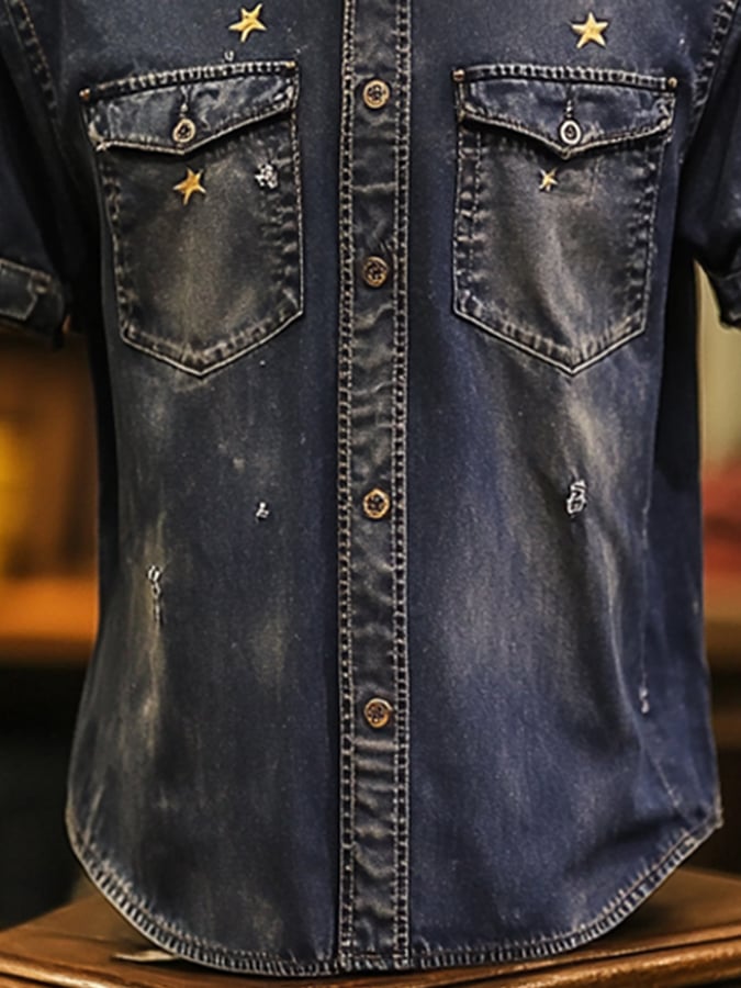 Men's vintage distressed two-pocket short-sleeved shirt