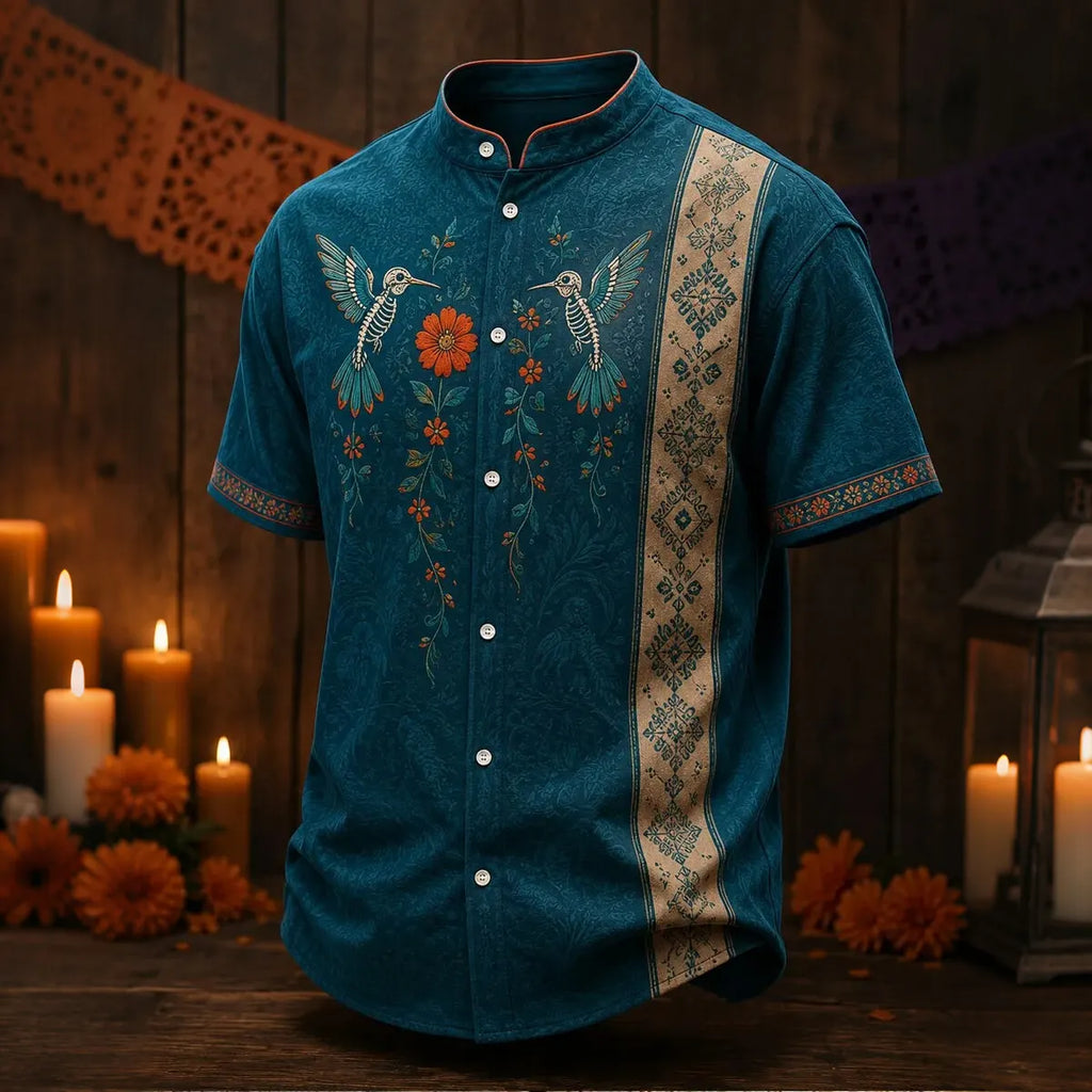 Men's Skeleton Hummingbirds Blooms Day of the Dead Print Stand Collar Short Sleeve Shirt