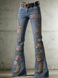 Women's Dolly Parton Guitar Butterfly Rose Printed Flare Jeans
