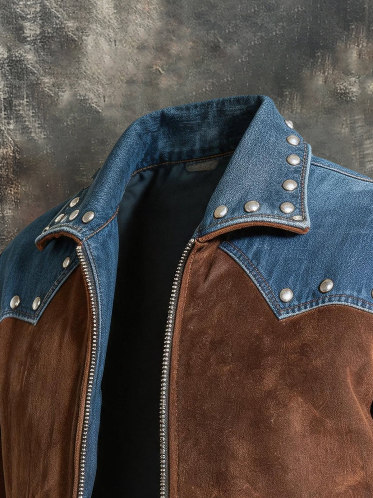 Men's Vintage Denim-Panel Zip-Up Jacket with Lapel Collar