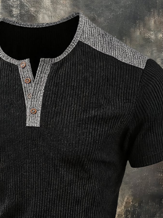 Men's Retro Ribbed Color-Block Stretch Knit Henley T-Shirt