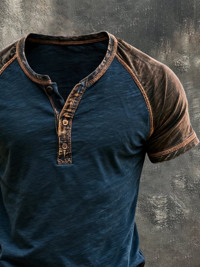 Men's Retro Color-Block Short-Sleeve Henley Shirt