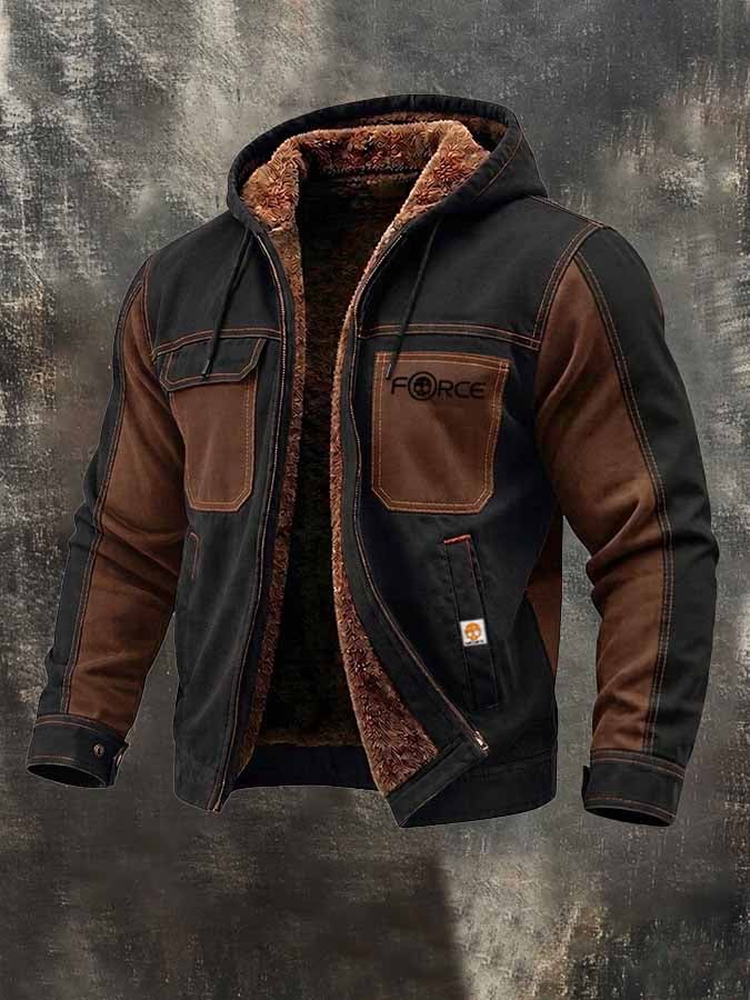 Men'S Retro Color-Block Hooded Jacket With Fleece Lining