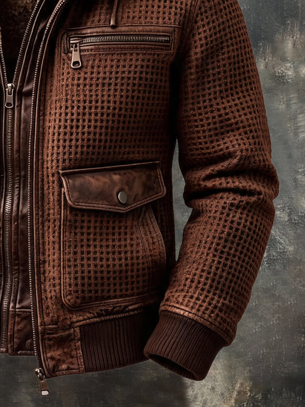 Men's Retro Waffle-Knit & Plush Patchwork Thermal Faux-Layered Jacket