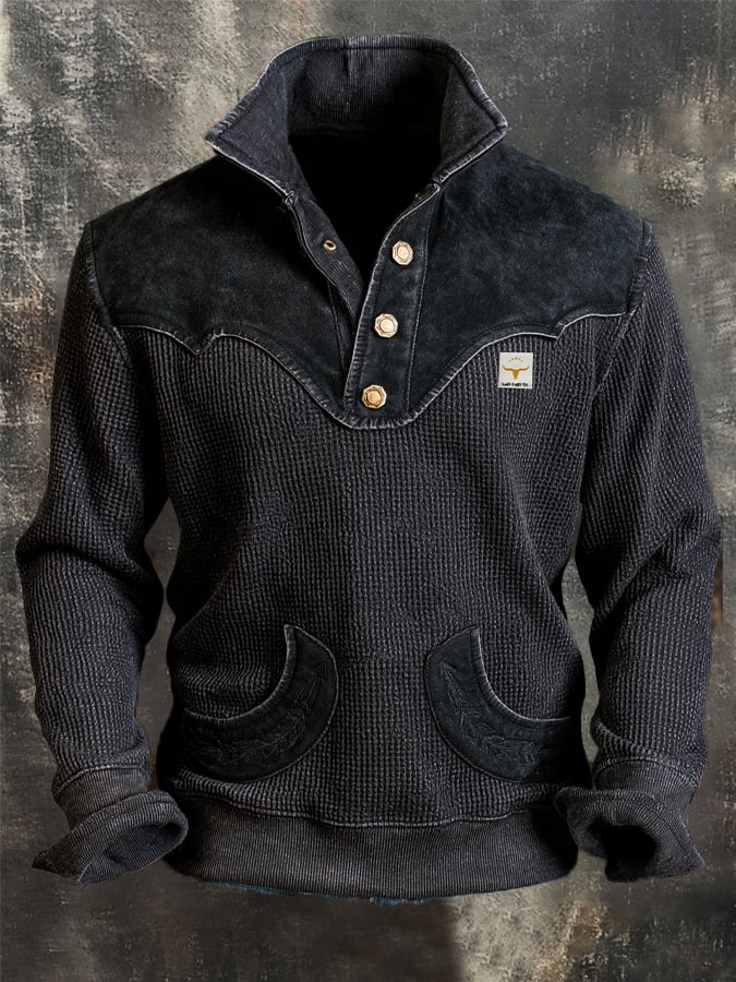 Men's Retro Textured Waffle-Knit Panel Sweatshirt