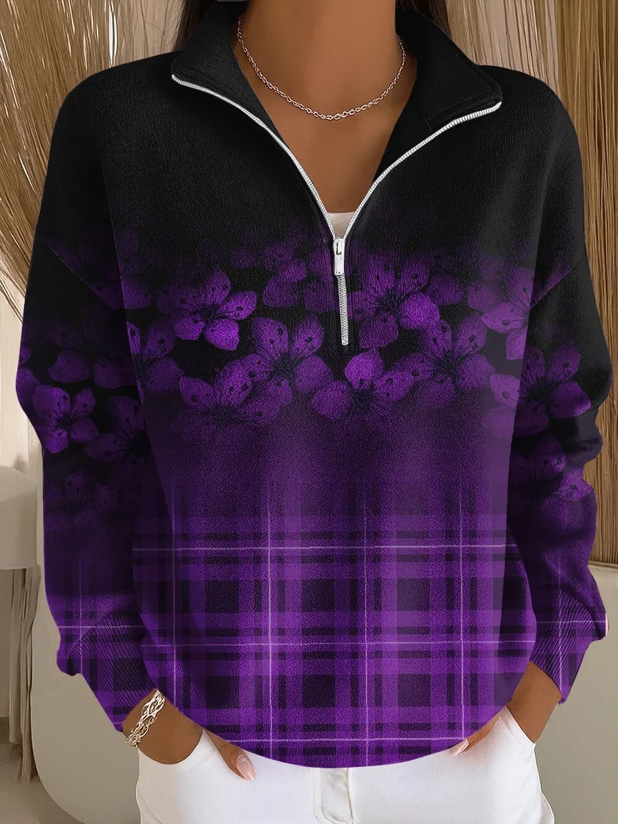 Women's Retro Purple Floral Plaid Print Comfortable Sweatshirt