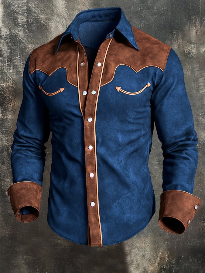 Men's Vintage Dual-Pocket Faux Suede Western Shirt