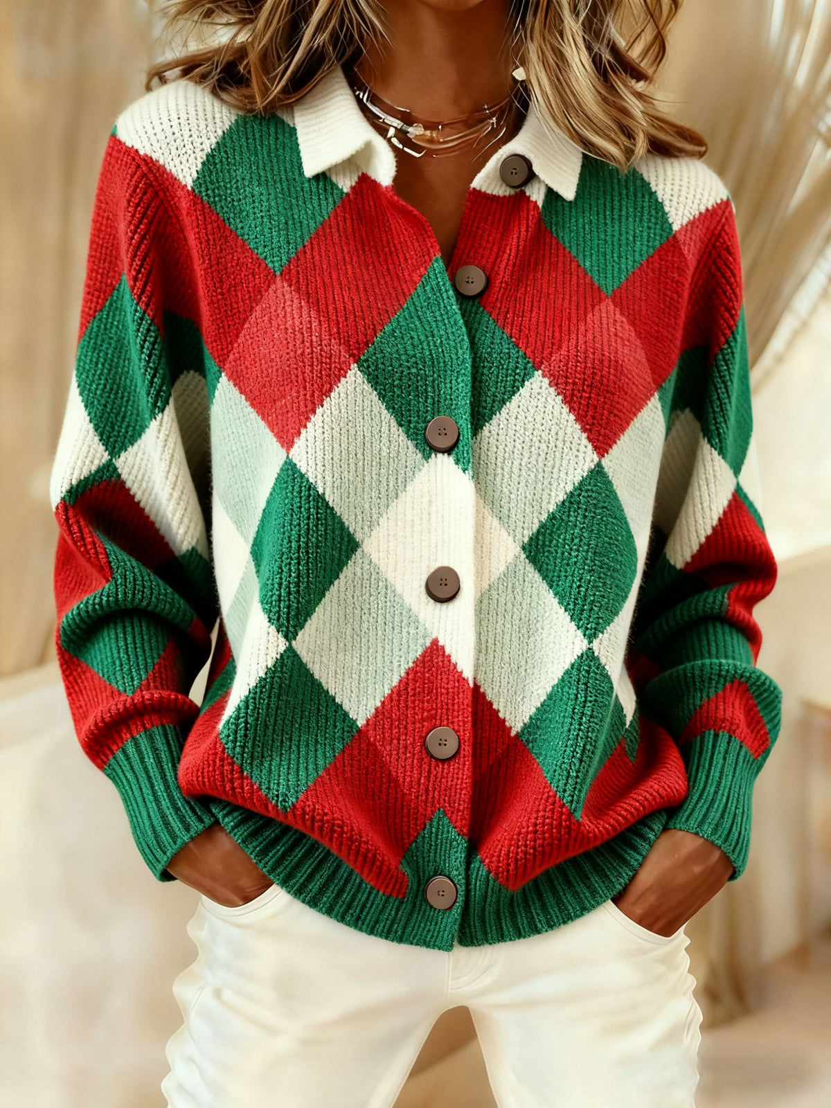Women's Christmas Casual Collared Knit Cardigan