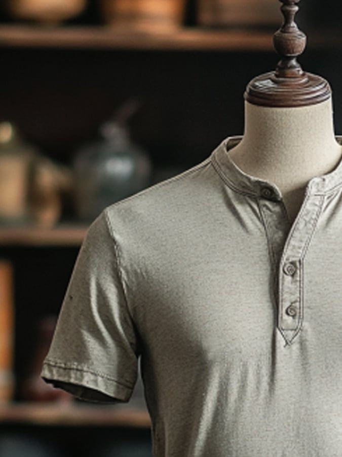 Men's Vintage Premium Distressed Henley Short Sleeve T-Shirt